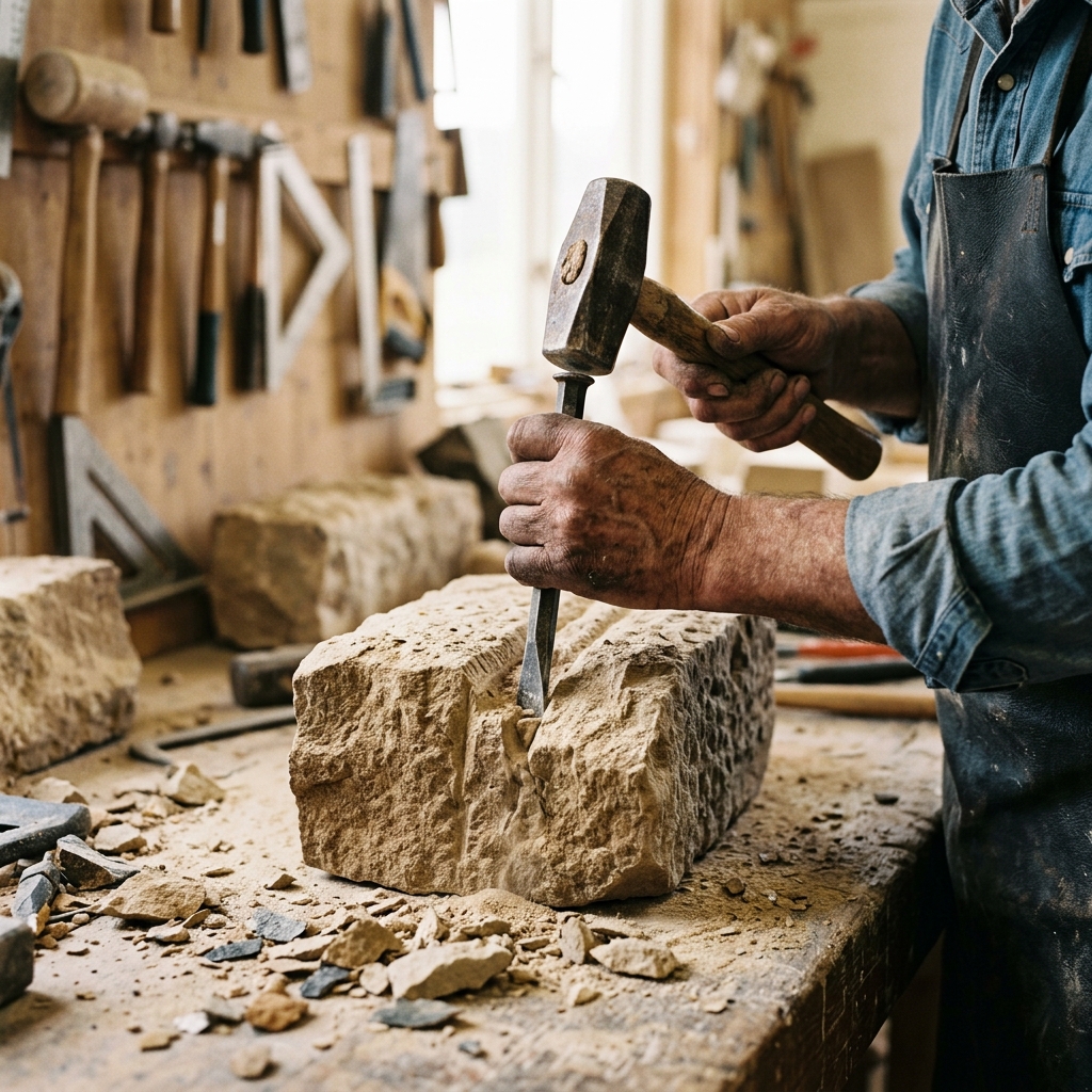 Cantero trabajando la piedra artesanalmente
